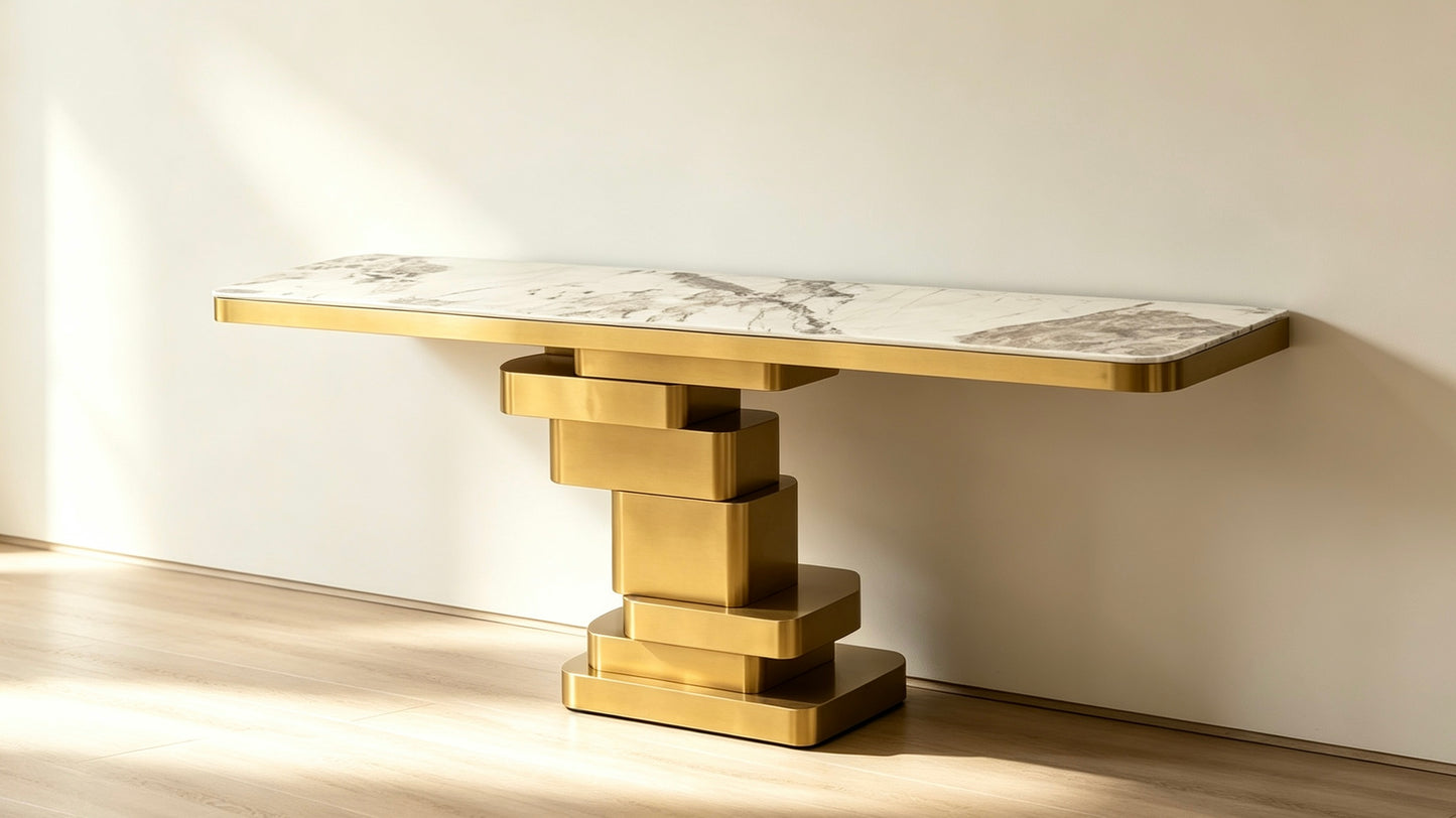 CS1220 Gold Stacked Base Sintered Stone Console Table