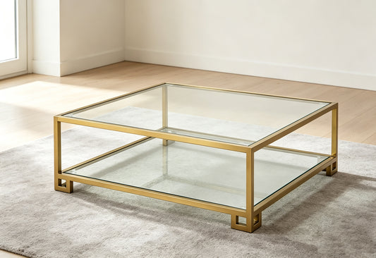 CT102 Gold Square 2-Tier Glass Coffee Table